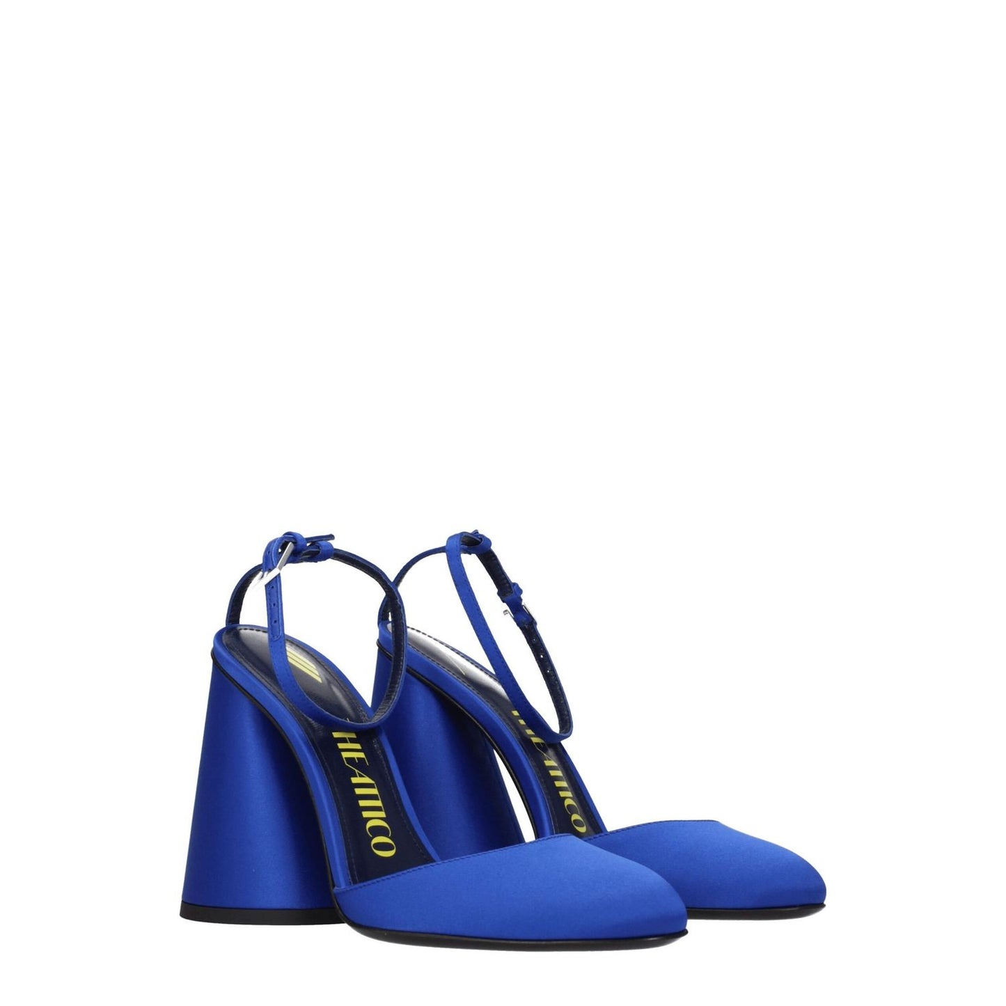 The Attico Blue Satin Platform Sandals with high heel, buckle closure, and leather sole, featuring cobalt secondary color and round toe design.