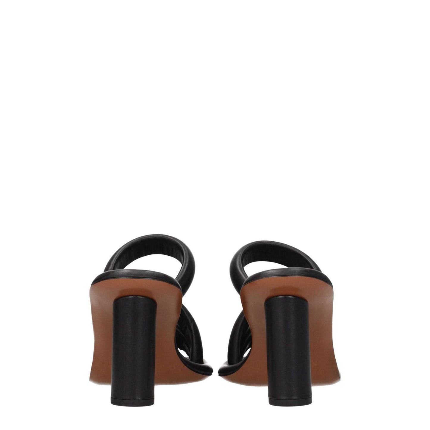 Back view of Ambush Black Leather Stiletto Heel Sandals with open toe and high heel, featuring rhinestones.