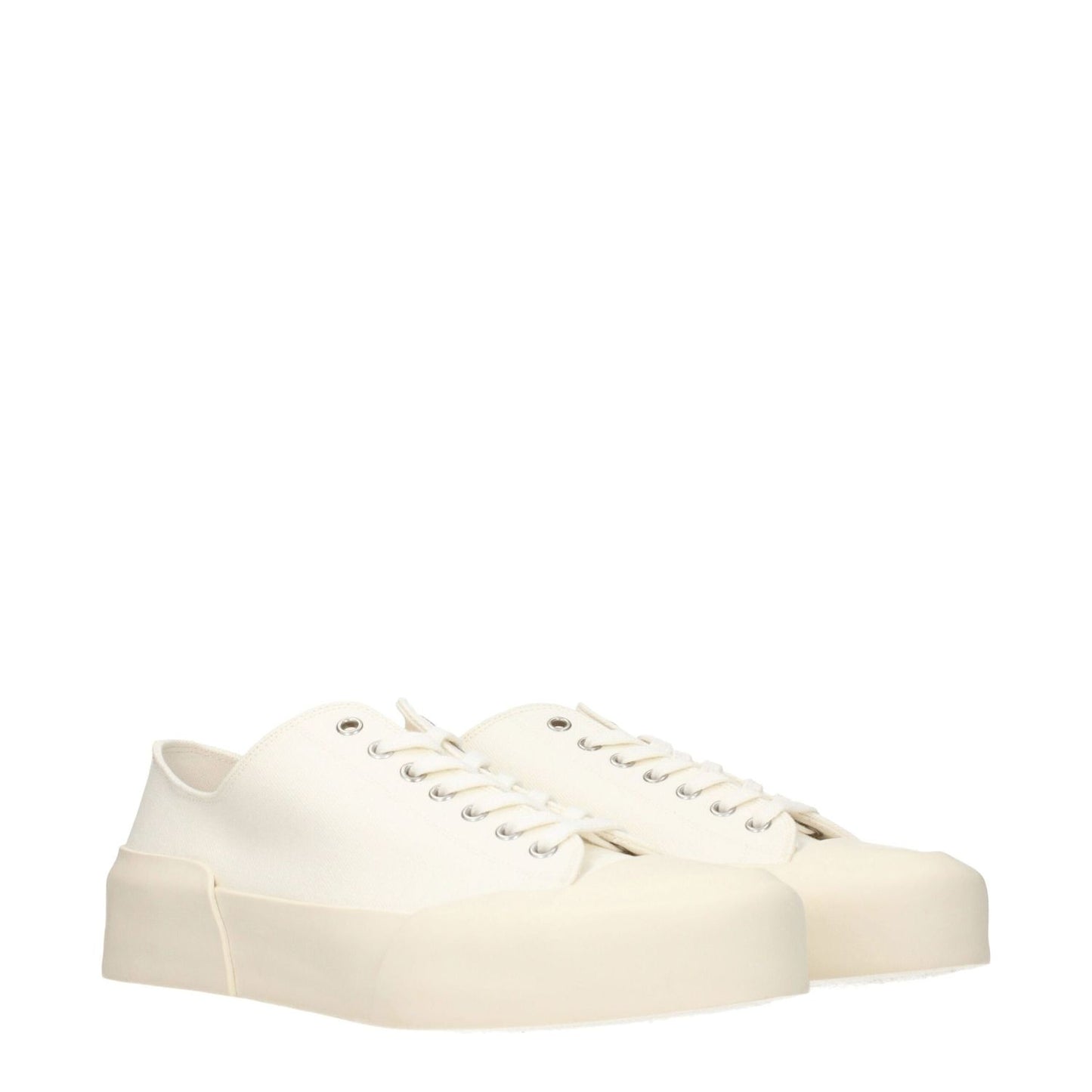 Jil Sander Beige Fabric Low Top Sneakers with lace-up closure, round toe, rubber sole, and mid heels, featuring back logo and ivory accents.