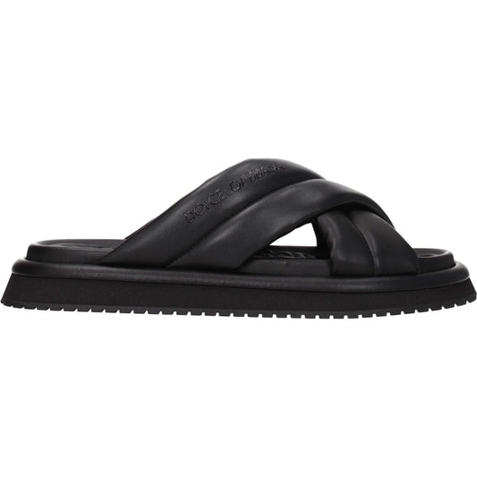 Dolce & Gabbana Black Leather Slippers Sandals DO-8547290677513-EU40/US7