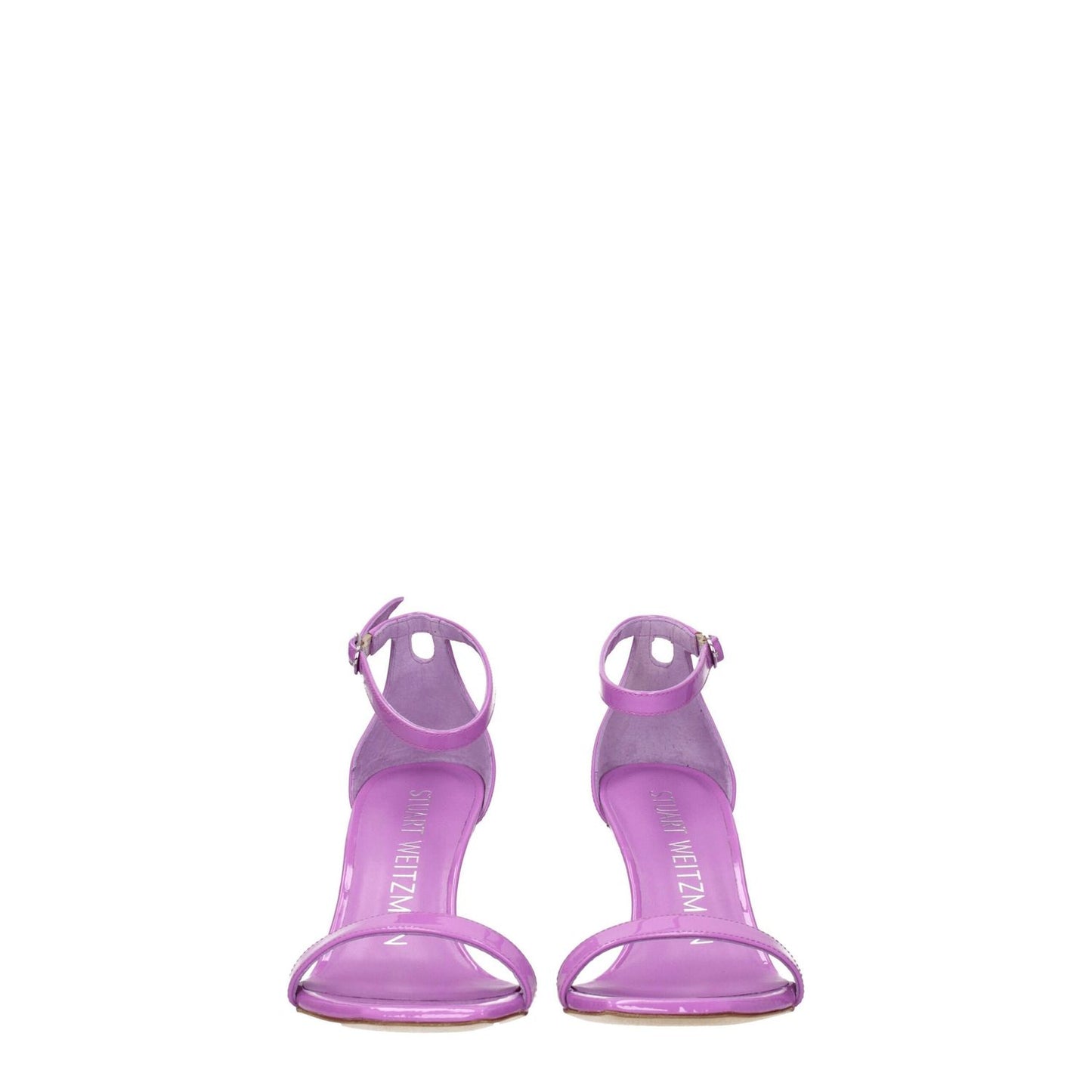 Stuart Weitzman Purple Leather Stiletto Heel Sandals with buckle closure and open toe design on display. MPN: NUNAKEDCURVE85PATSE132LILAC.