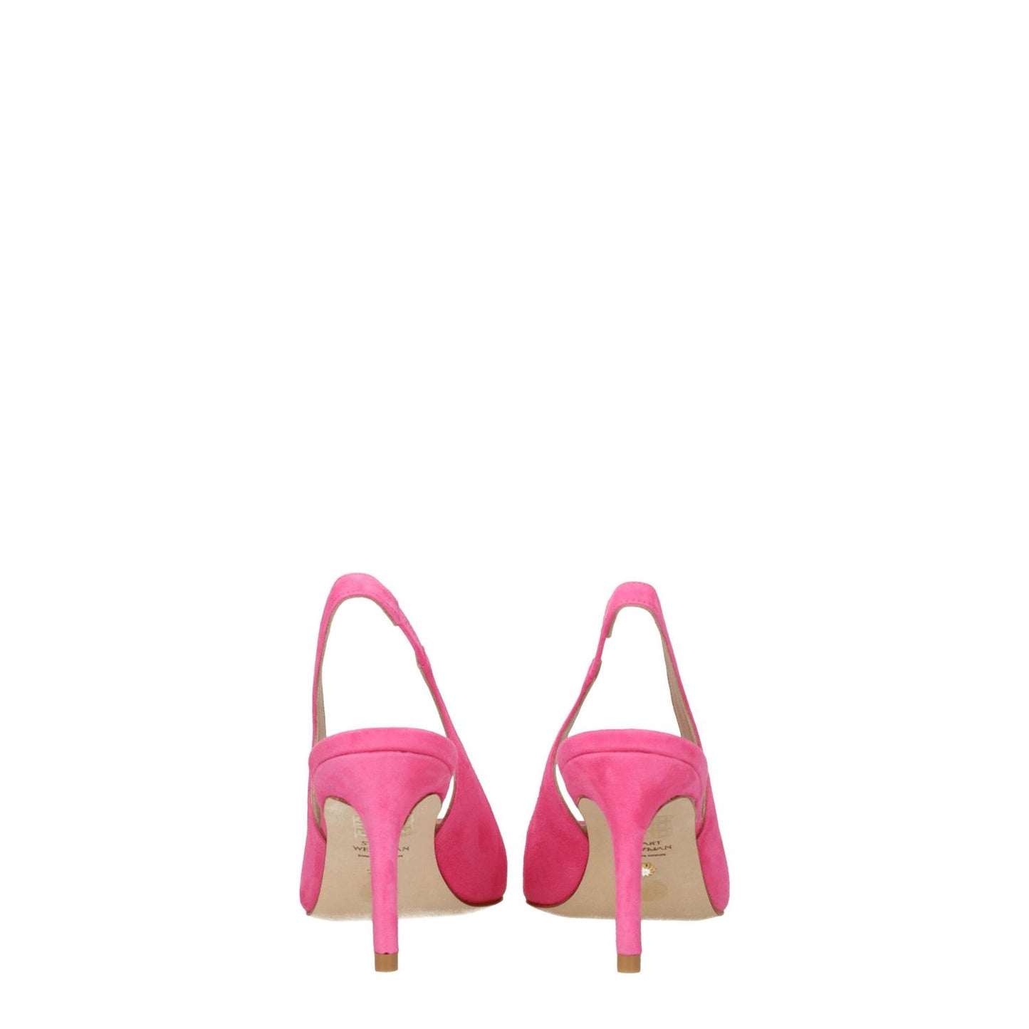 Back view of Stuart Weitzman Pink Leather High Heel Pumps in suede with pointy toe and mid heel, showcasing the elegant design and vibrant hue.