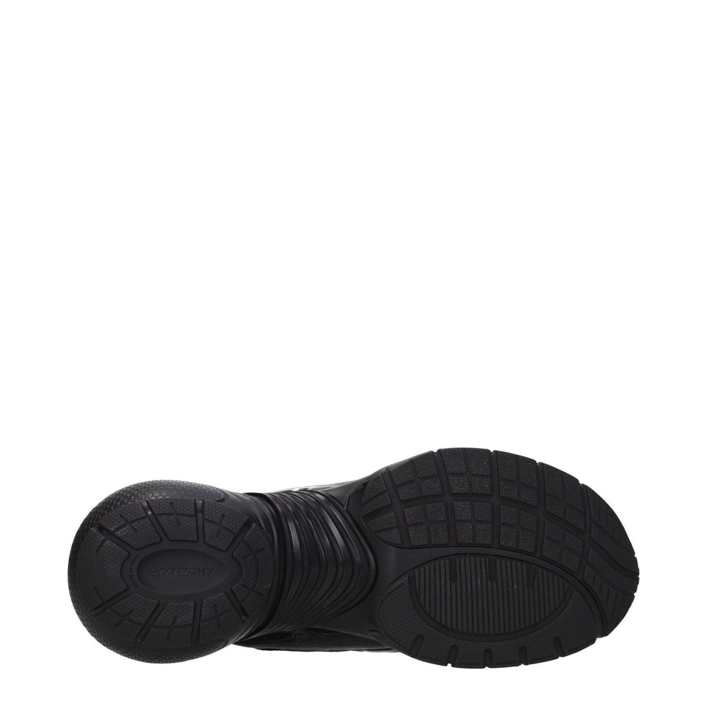 Sole view of Givenchy Black Fabric Athletic Sneakers with rubber sole, mid heels, and round toe.