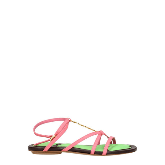 Jacquemus Pink Leather Flat Sandals with logo detail, open toe, buckle closure, and low heel. MPN: 231FO0563073430.