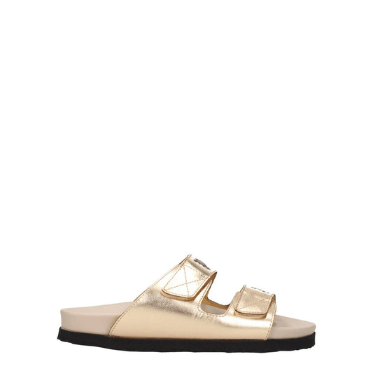 Palm Angels Gold Leather Slippers with metallic effect, open toe, and strap closure. Features low flat heel and rubber sole.