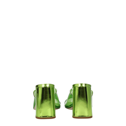 Miu Miu Green Plexiglass Platform Sandals with leather sole and mid heels, rear view.