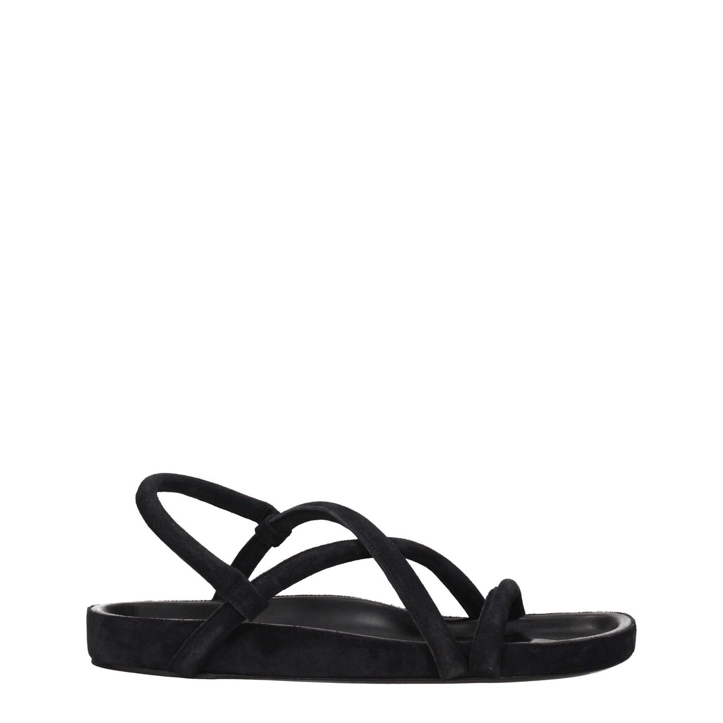 Isabel Marant Black Leather Flat Sandals with suede straps, open toe, casual style, and low heel, showcasing aged and vintage effects.