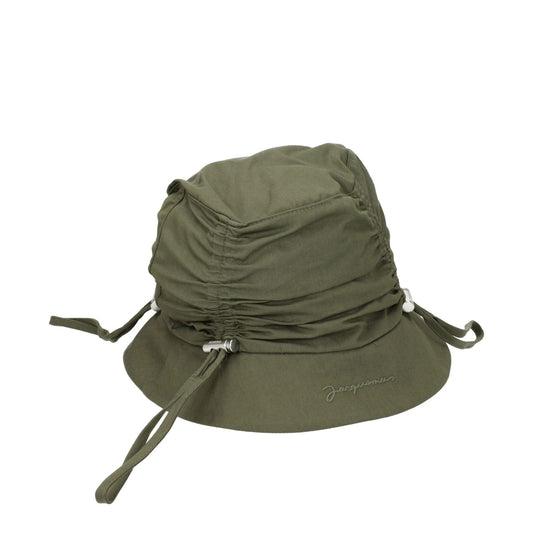 Jacquemus Green Cotton Bucket Hat with front logo, casual style, made of 75% cotton and 25% polyamide in khaki green, MPN 235AC4705047560.