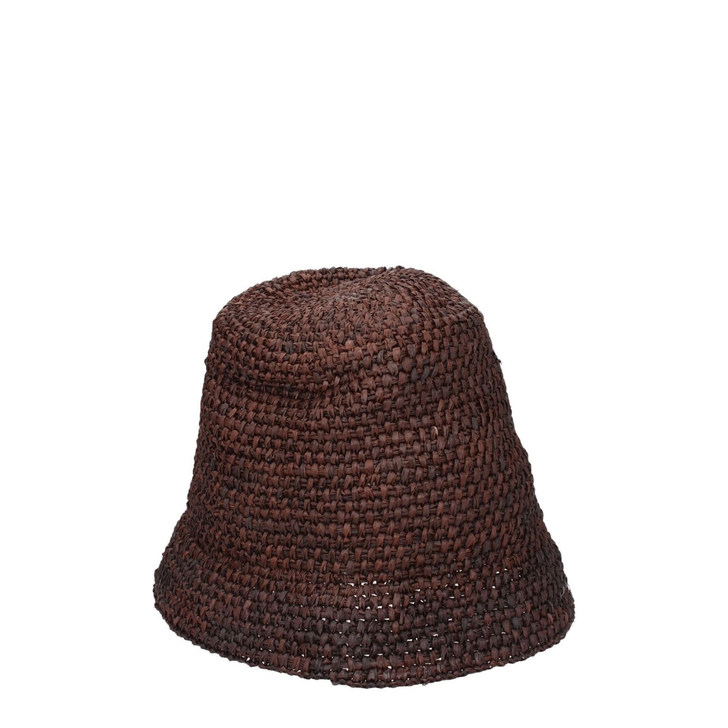 Jacquemus Brown Raffia Bucket Hat made of 100% raffia, featuring a dark brown color with a front logo. Style: Casual.