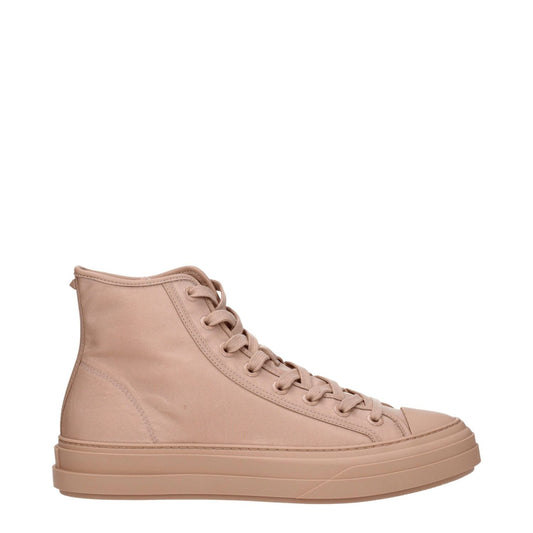 Valentino Garavani Pink Fabric High Top Sneakers with lace-up closure, round toe, low flat heel, leather material, rubber sole, cinnamon rose accent.