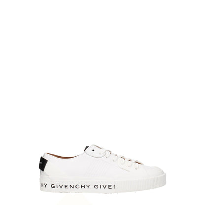 Givenchy White Leather Low Top Sneakers with front, side, back logos and lace-up closure, sporty glam style, rubber sole, round toe.