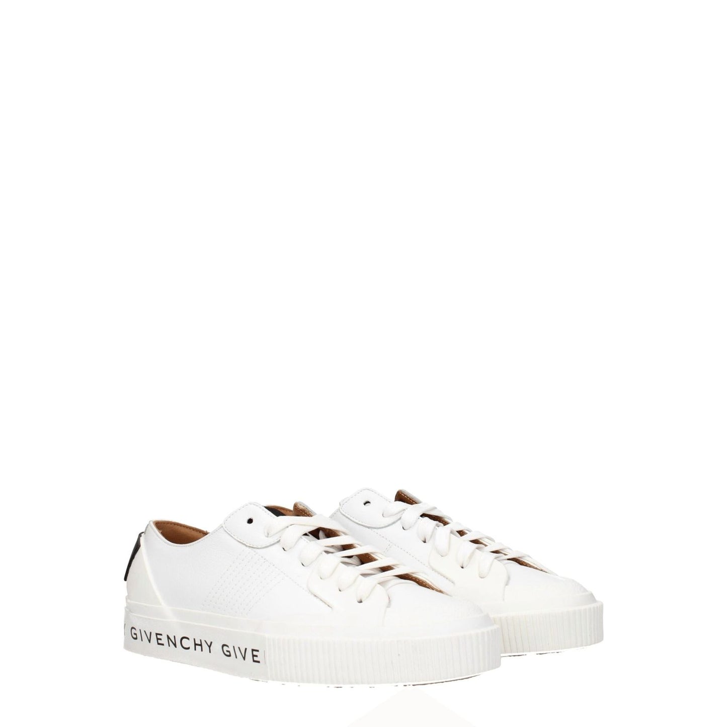Givenchy White Leather Low Top Sneakers with logos, lace-up closure, round toe, sporty glam style, and rubber sole.