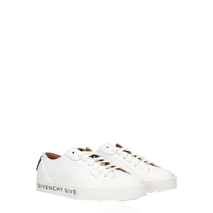 Givenchy White Leather Low Top Sneakers with logos, lace-up closure, round toe, sporty glam style, and rubber sole.