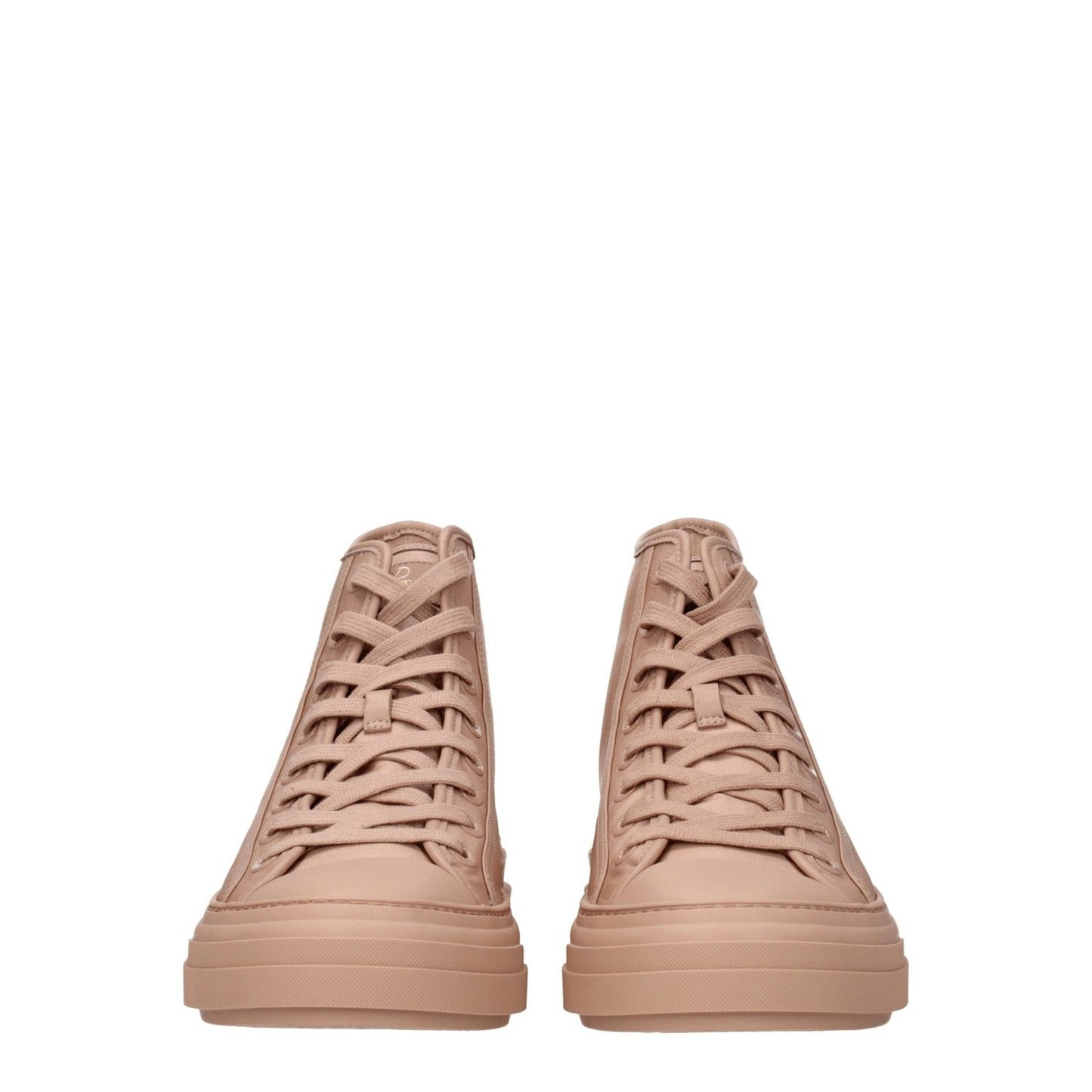 Front view of Valentino Garavani Pink Fabric High Top Sneakers with lace-up closure, featuring front logo and flat rubber sole. Code F76954.