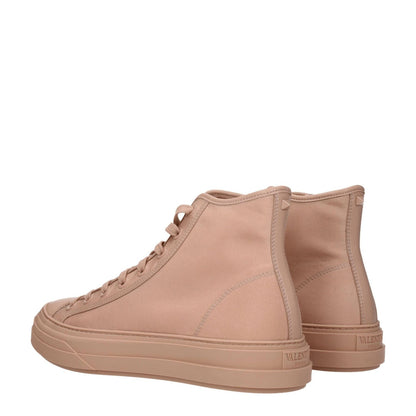 Valentino Garavani Pink Fabric High Top Sneakers with front and back logos, lace-up closure, rubber sole, and round toe design.