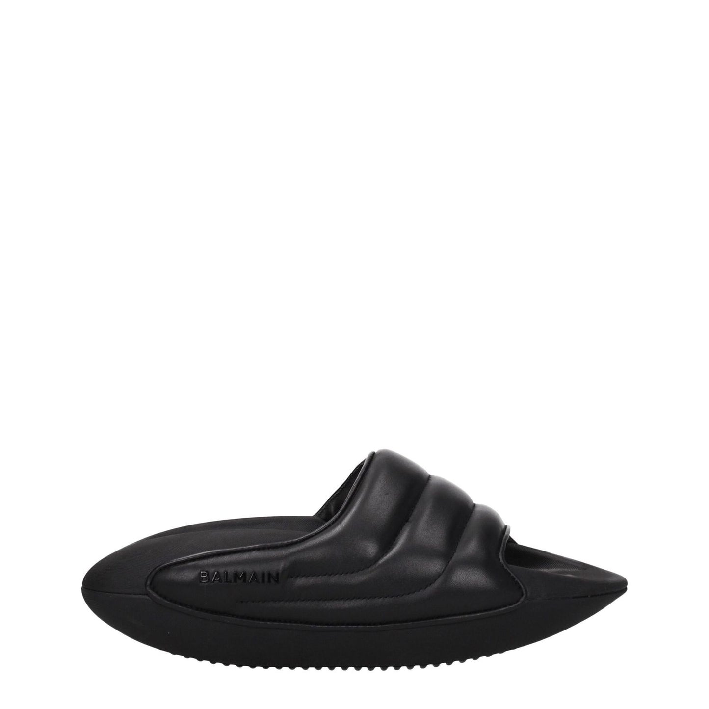 Balmain Black Leather Slippers with side logo, open toe, mid heels, rubber sole, casual style, MPN VL299LPQP0PA, code F77106.