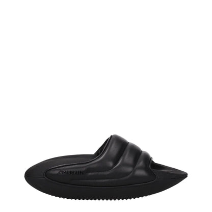 Balmain Black Leather Slippers with side logo, open toe, mid heels, rubber sole, casual style, MPN VL299LPQP0PA, code F77106.