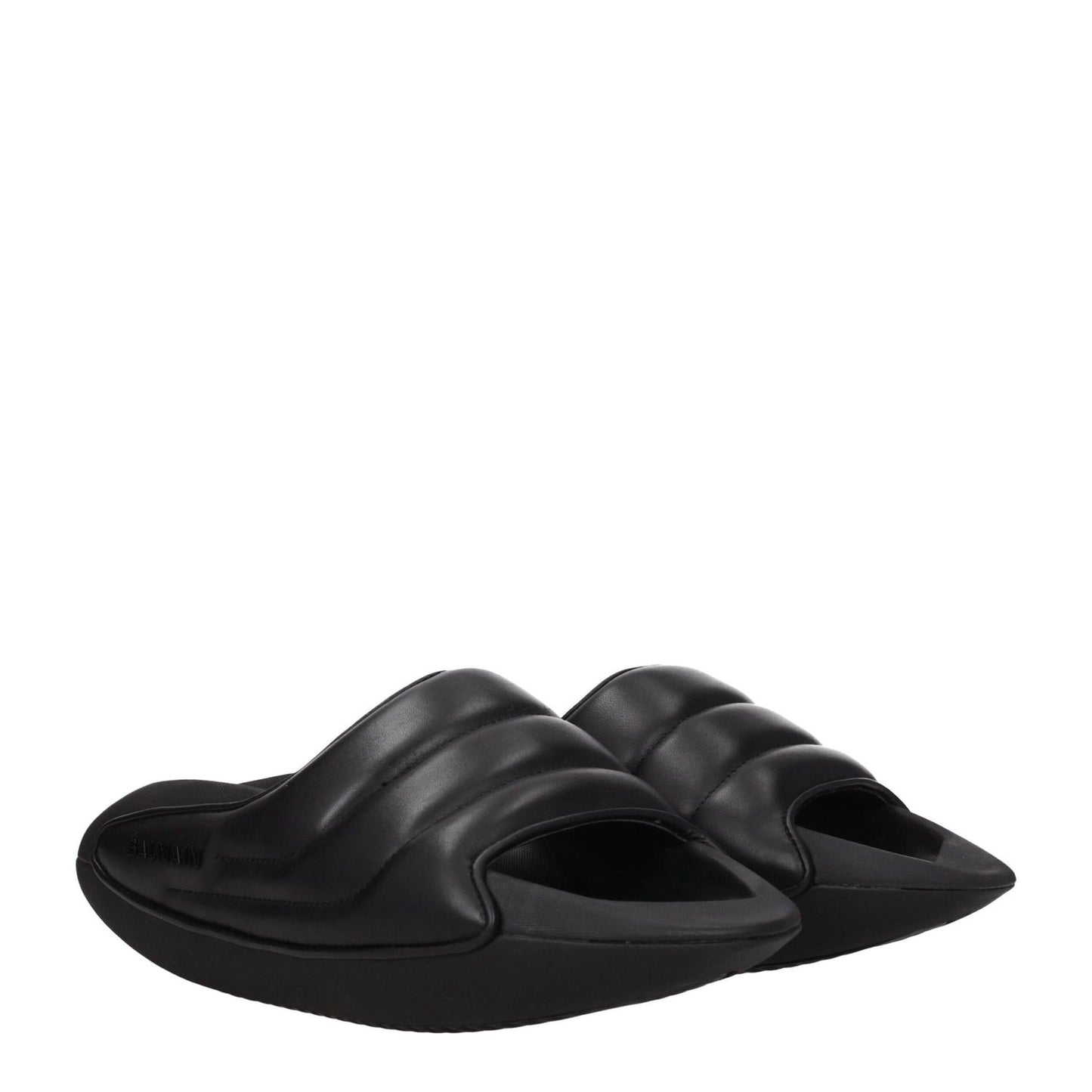 Balmain Black Leather Slippers with side logo, casual design, rubber sole, mid heels, and open toe.