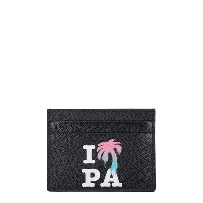 Palm Angels Black Leather Cardholder with front logo, 5 card slots, size 8x10.5 cm.