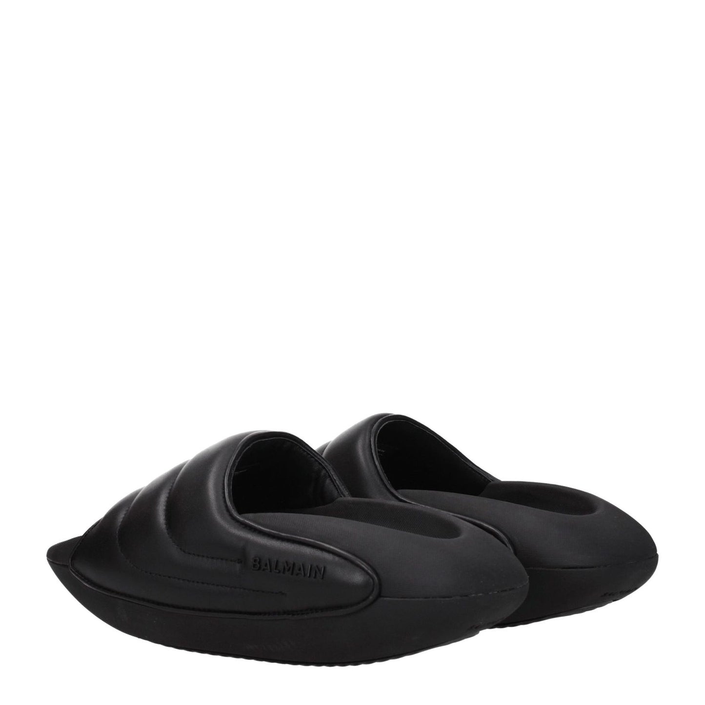 Balmain Black Leather Slippers with side logo, mid heels, open toe, rubber sole. Elegant casual footwear for men.