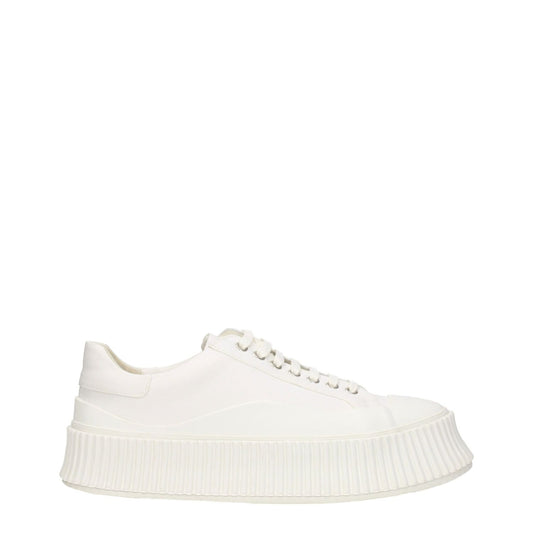Jil Sander White Fabric Platform Sneakers with 5 cm wedge heel, round toe, lace up closure, and rubber sole. Casual style footwear.