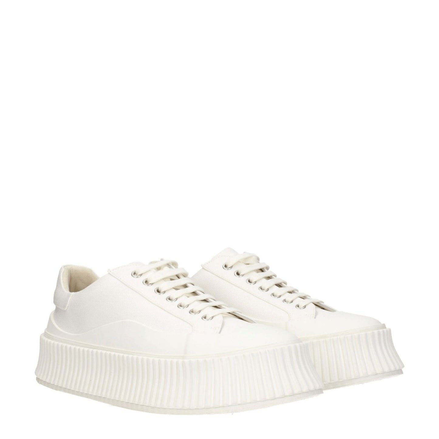 Jil Sander White Fabric Platform Sneakers with lace-up closure, rubber sole, and wedge heel, featuring round toe design.
