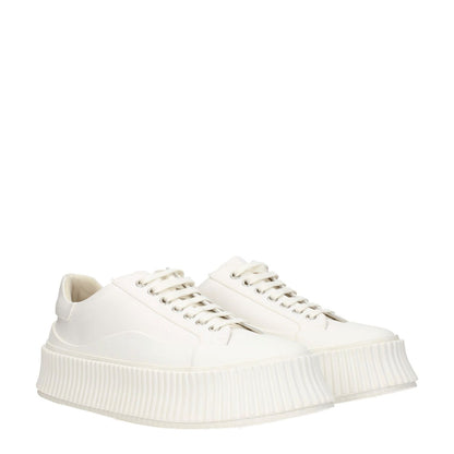 Jil Sander White Fabric Platform Sneakers with lace-up closure, rubber sole, and wedge heel, featuring round toe design.