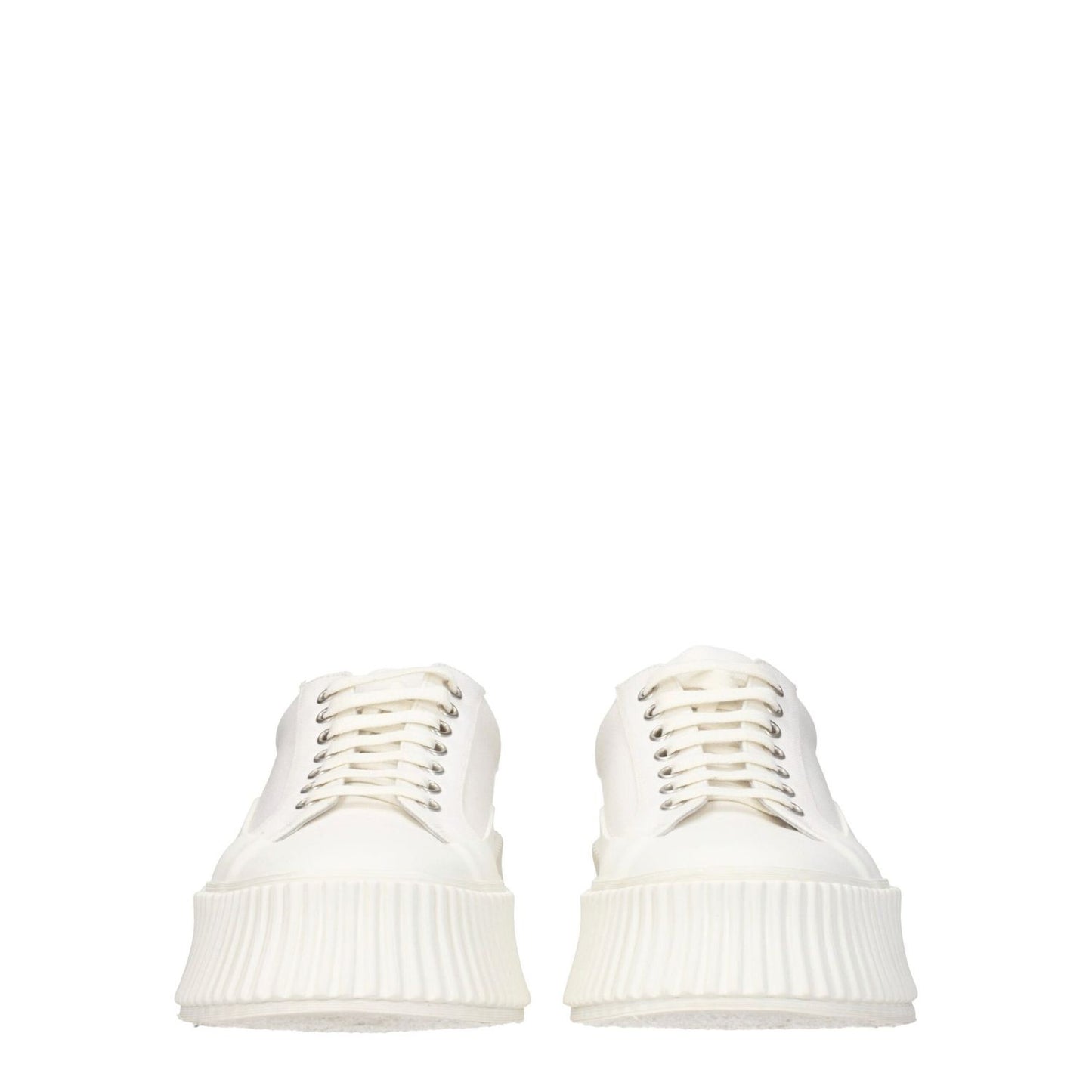 Jil Sander White Fabric Platform Sneakers with lace-up closure, rubber sole, wedge heel, and round toe design. MPN: JI32535B15612101.