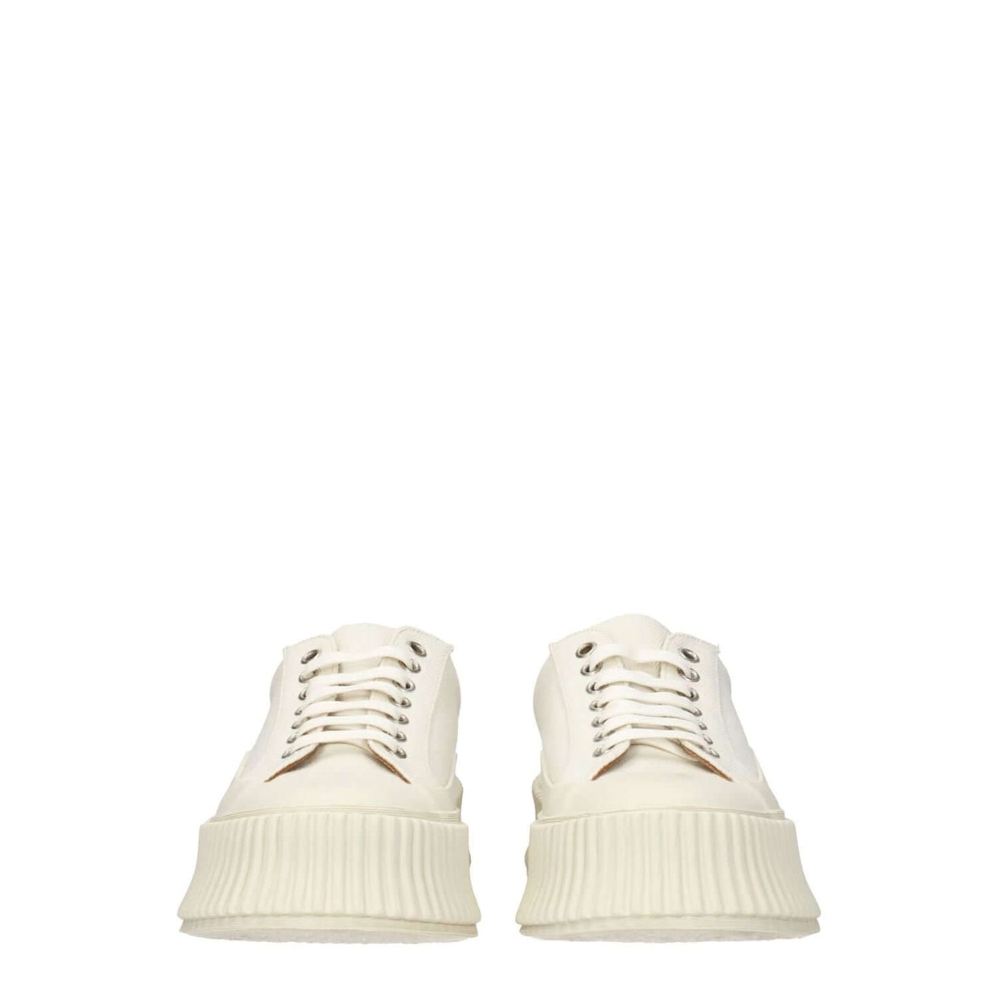 Jil Sander White Fabric Platform Sneakers with round toe and wedge heel, featuring a lace-up closure and aged effect.