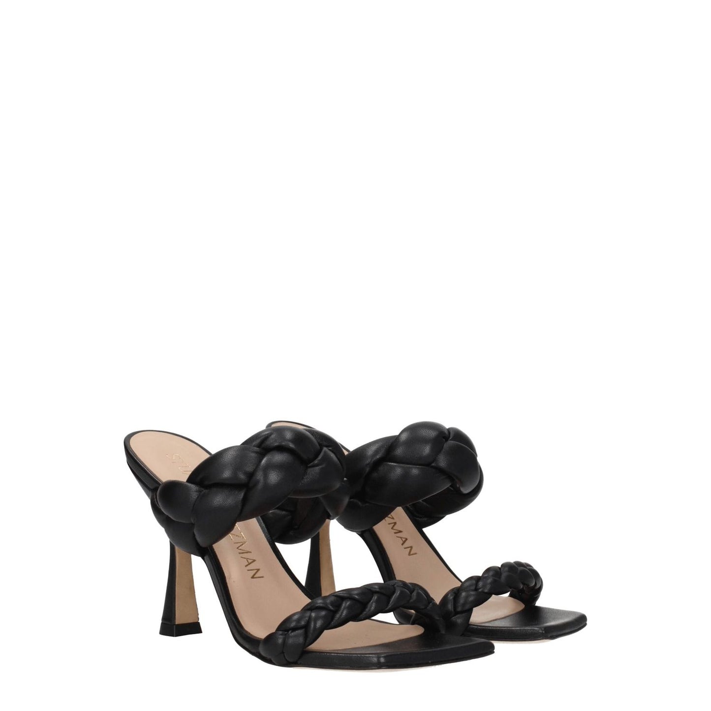 Stuart Weitzman Black Leather Stiletto Heel Sandals with open toe and high heel design, casual style and leather sole.