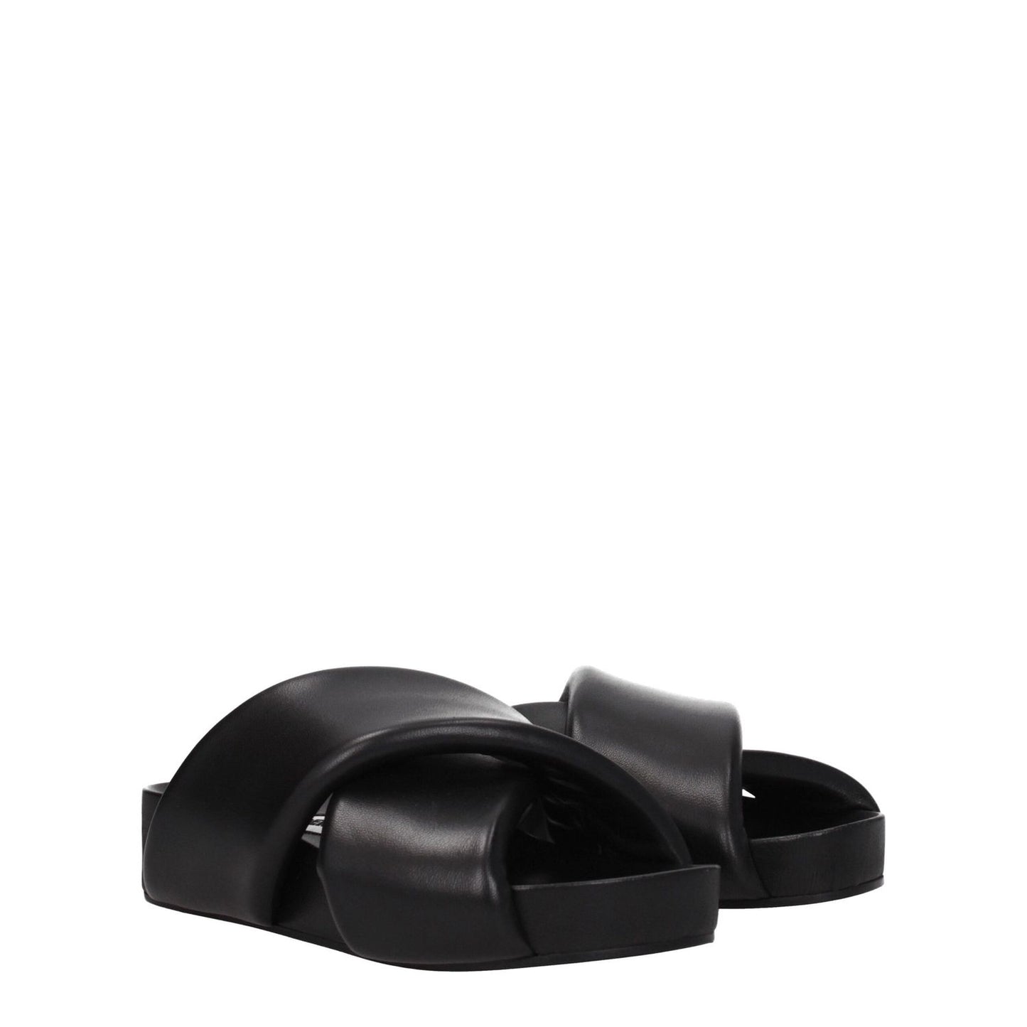 Jil Sander Black Leather Slippers, open toe clogs with mid heels, 4 cm leather sole, casual style, vintage effect, MPN J15WP0043P5057001.