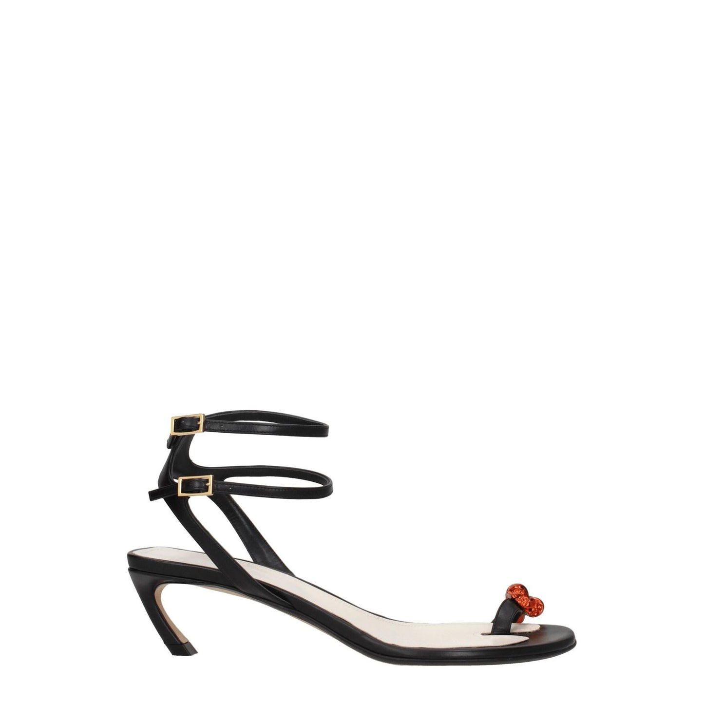 Lanvin Black Leather Stiletto Heel Sandals with open toe, rhinestone detail, buckle closure, and mid heels. MPN: FWSASS0CRIVE10.