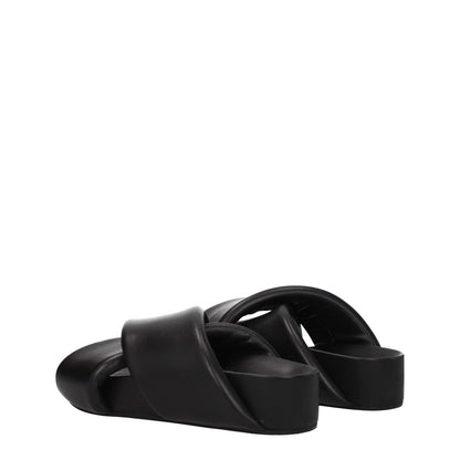 Jil Sander Black Leather Slippers with open toe design and vintage effect, featuring mid heels and leather sole, perfect for casual style.