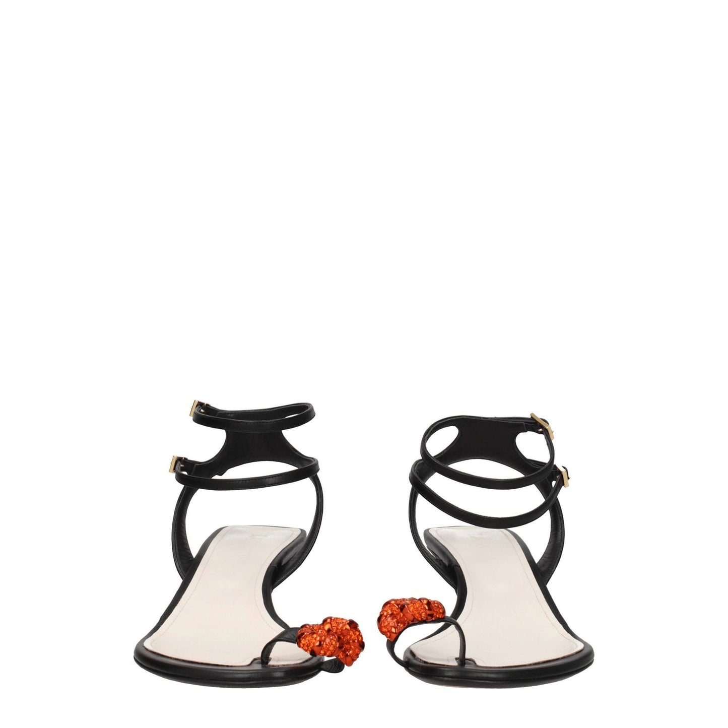 Lanvin Black Leather Stiletto Heel Sandals with buckle closure, open toe, rhinestone front detail, mid heels.