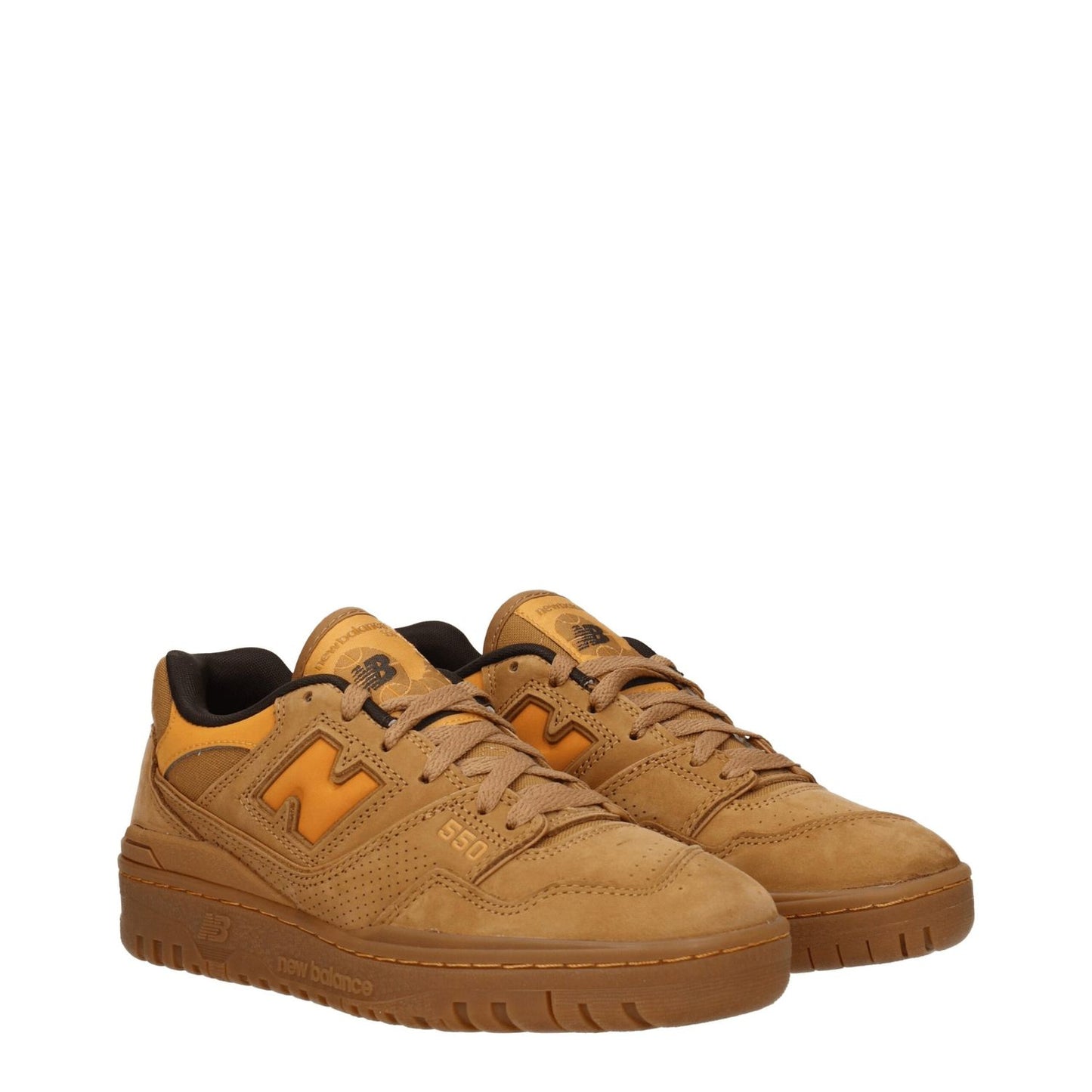 New Balance Brown Leather Sneakers with suede finish, lace-up closure, round toe, and rubber sole. Features logos on front, side, and back.