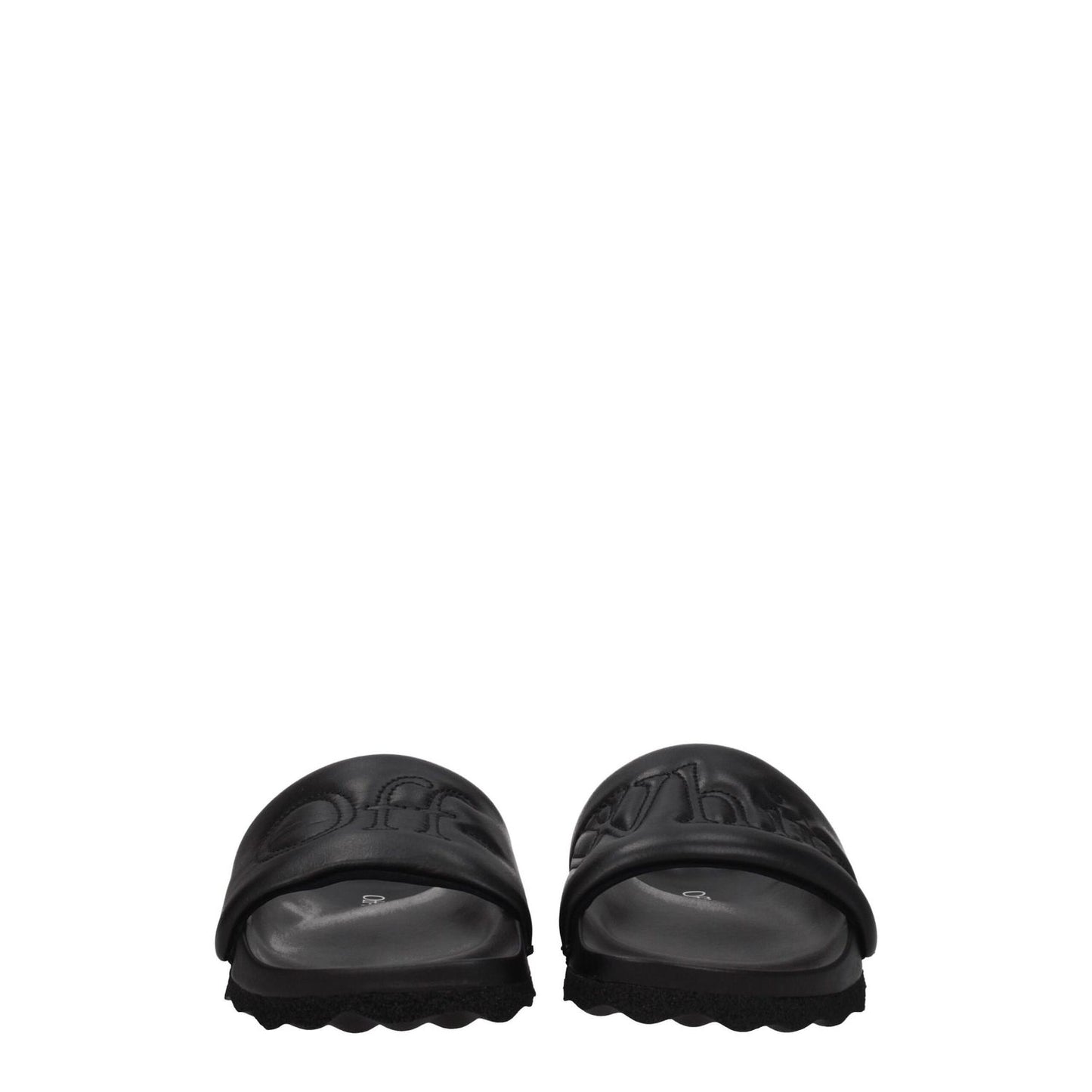 Off-White Black Leather Slippers with logo, open toe, and rubber sole, style casual, for a contemporary look.