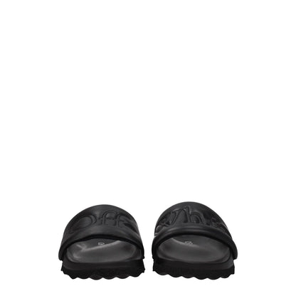 Off-White Black Leather Slippers with logo, open toe, and rubber sole, style casual, for a contemporary look.