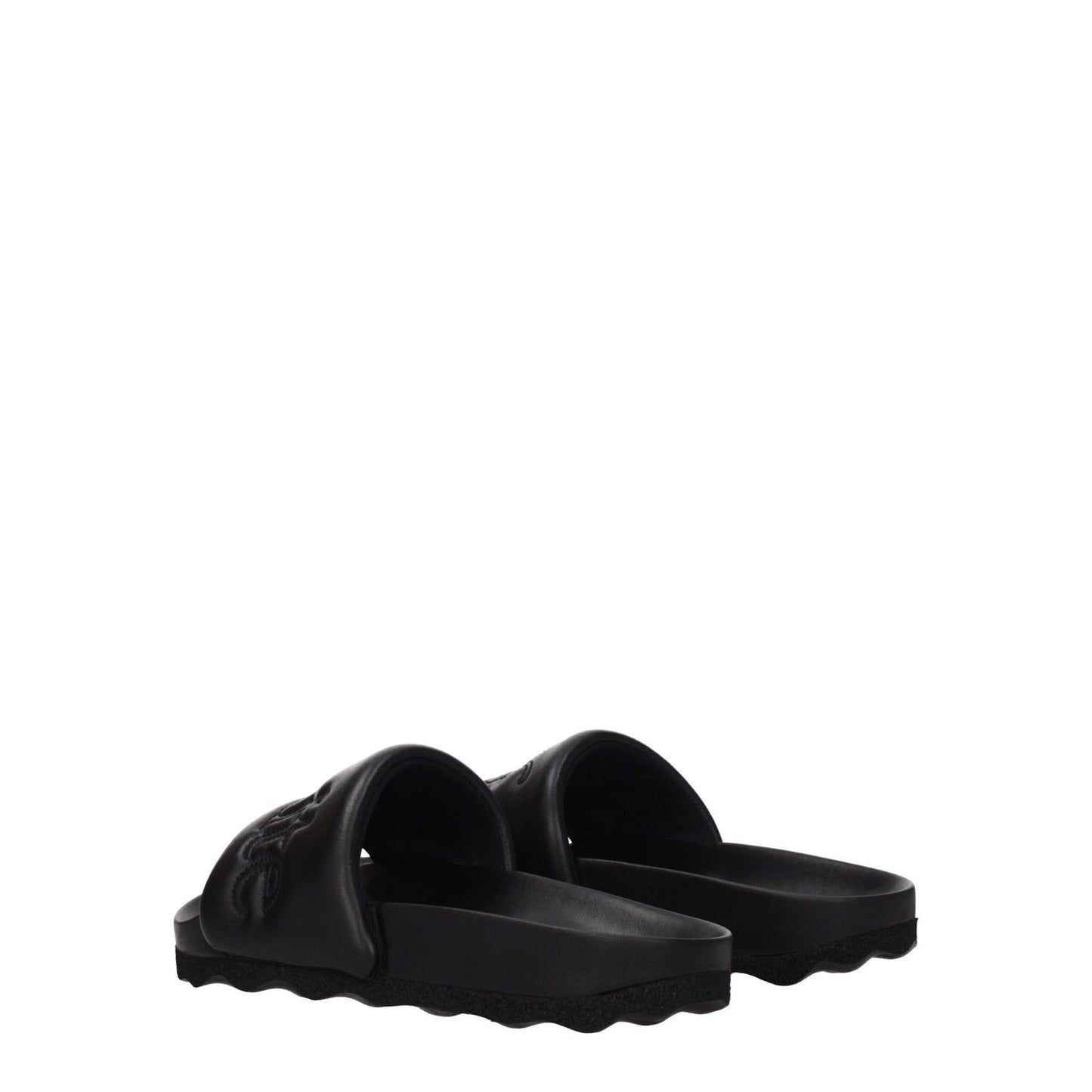 Off-White Black Leather Slippers featuring front logo, open toe, and flat rubber sole. Casual style ideal for everyday wear.