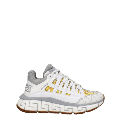 Versace White Fabric Athletic Sneakers with logos, rubber sole, and lace-up closure, featuring mid heel and round toe design.