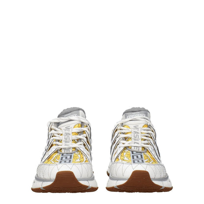 Front view of Versace White Fabric Athletic Sneakers with logos on front and sides, featuring a casual style and rubber sole. MPN: 1004182D15TCG6WA70