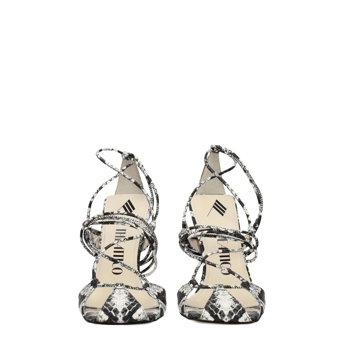 The Attico White Leather Stiletto Heel Sandals with snake print accents, featuring a vintage self-tie design and 11 cm high heels.