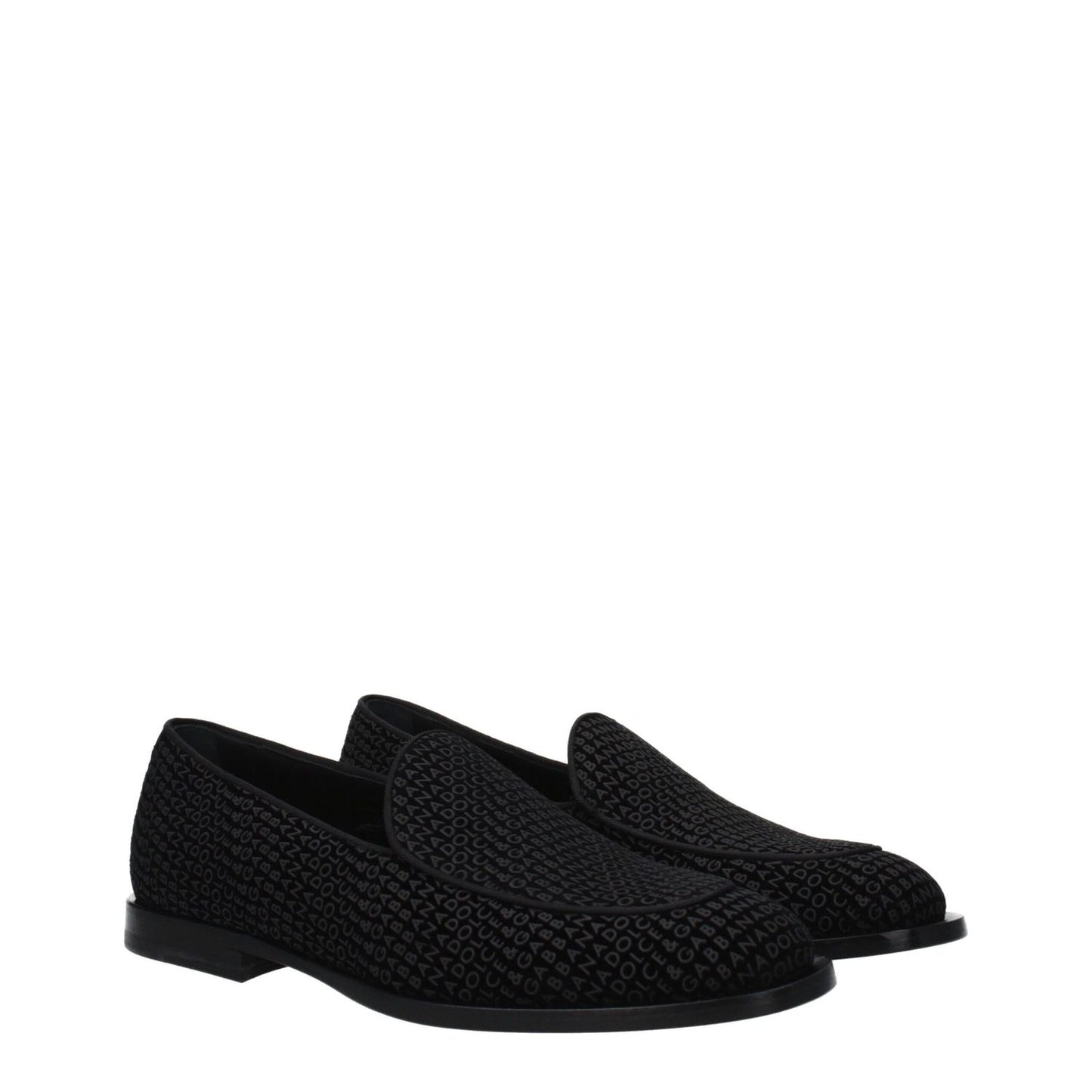 Dolce & Gabbana Black Velvet Slip-On Loafers with leather sole and round toe, featuring logo and low flat heel.
