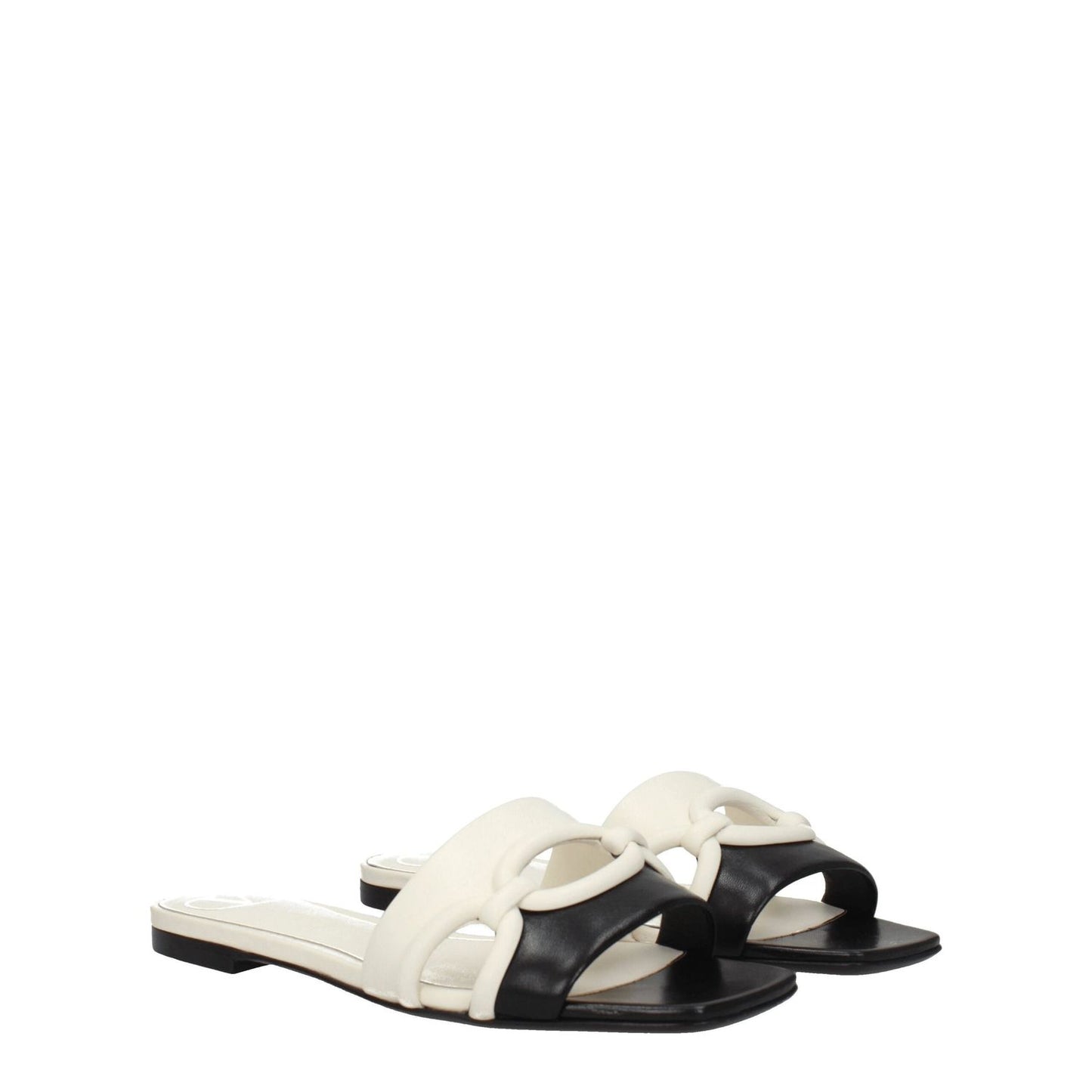 Valentino Garavani Black Leather Slippers with open toe and low flat heel, featuring ivory accents, MPN S0GH7ZUC790, casual style footwear.