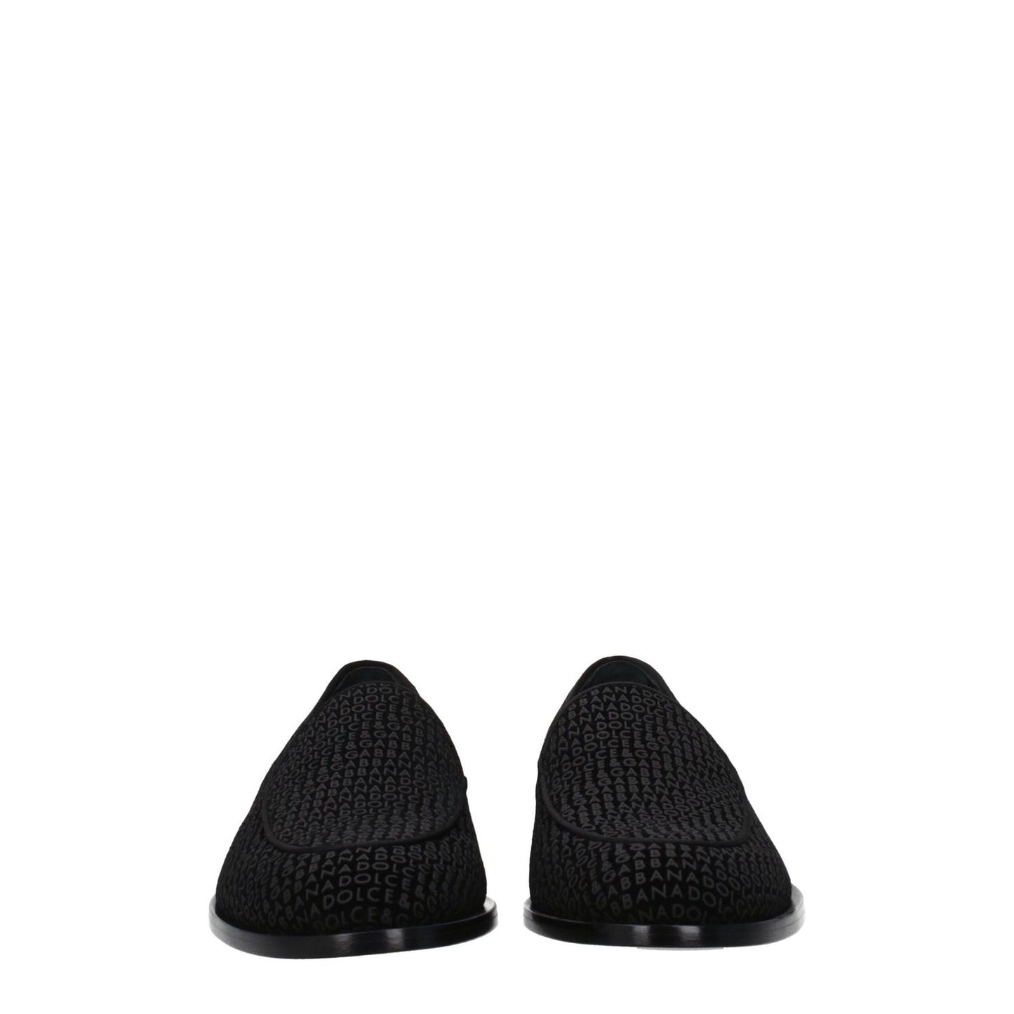 Dolce & Gabbana Black Velvet Slip-On Loafers with round toe and leather sole, featuring logo detailing.