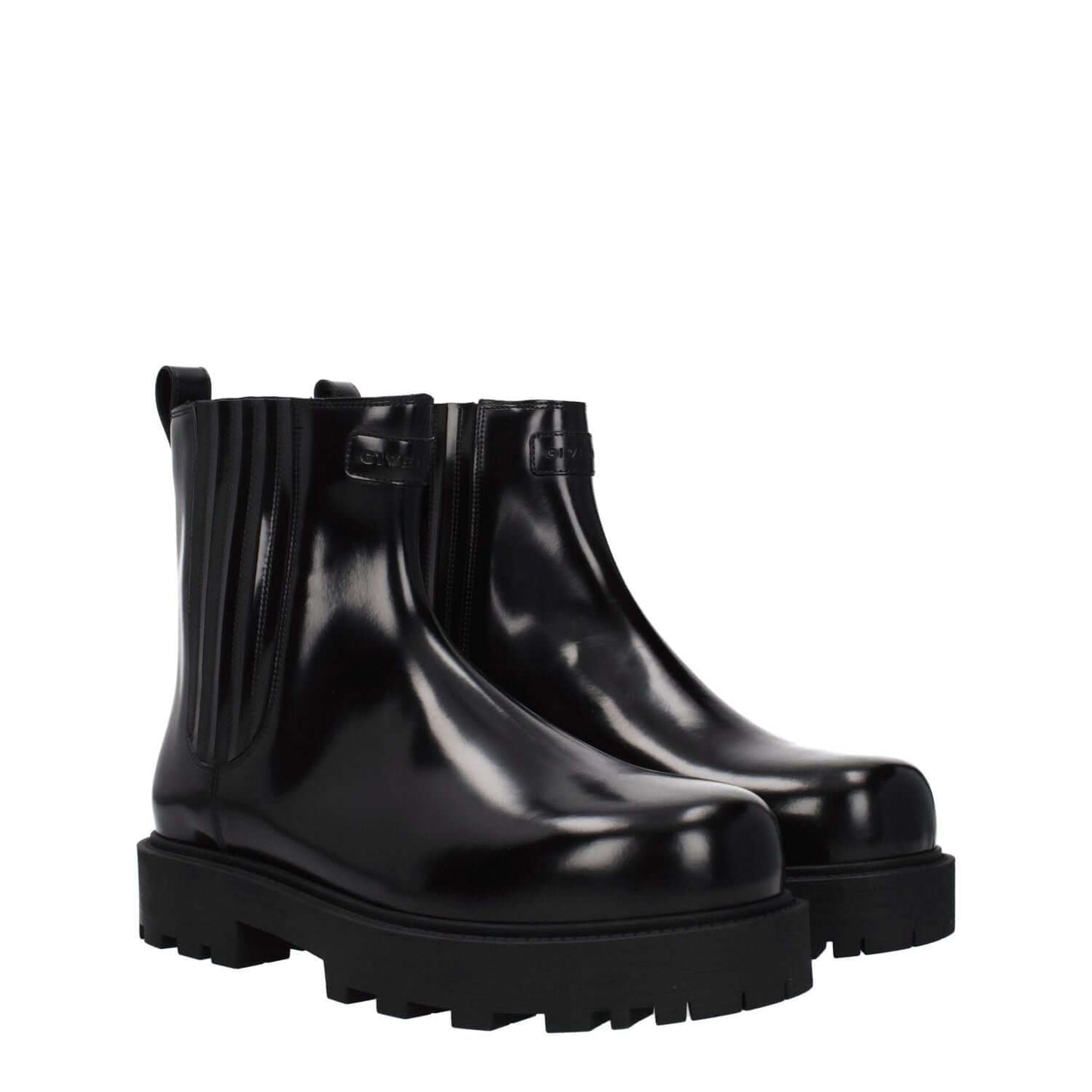 Givenchy Black Leather Ankle Boots with a round toe, mid heels, rubber sole, featuring front and back logos, style casual.