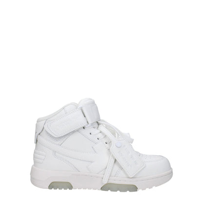Off-White White Leather High Top Sneakers with strap closure and round toe, featuring side, front, and back logos.