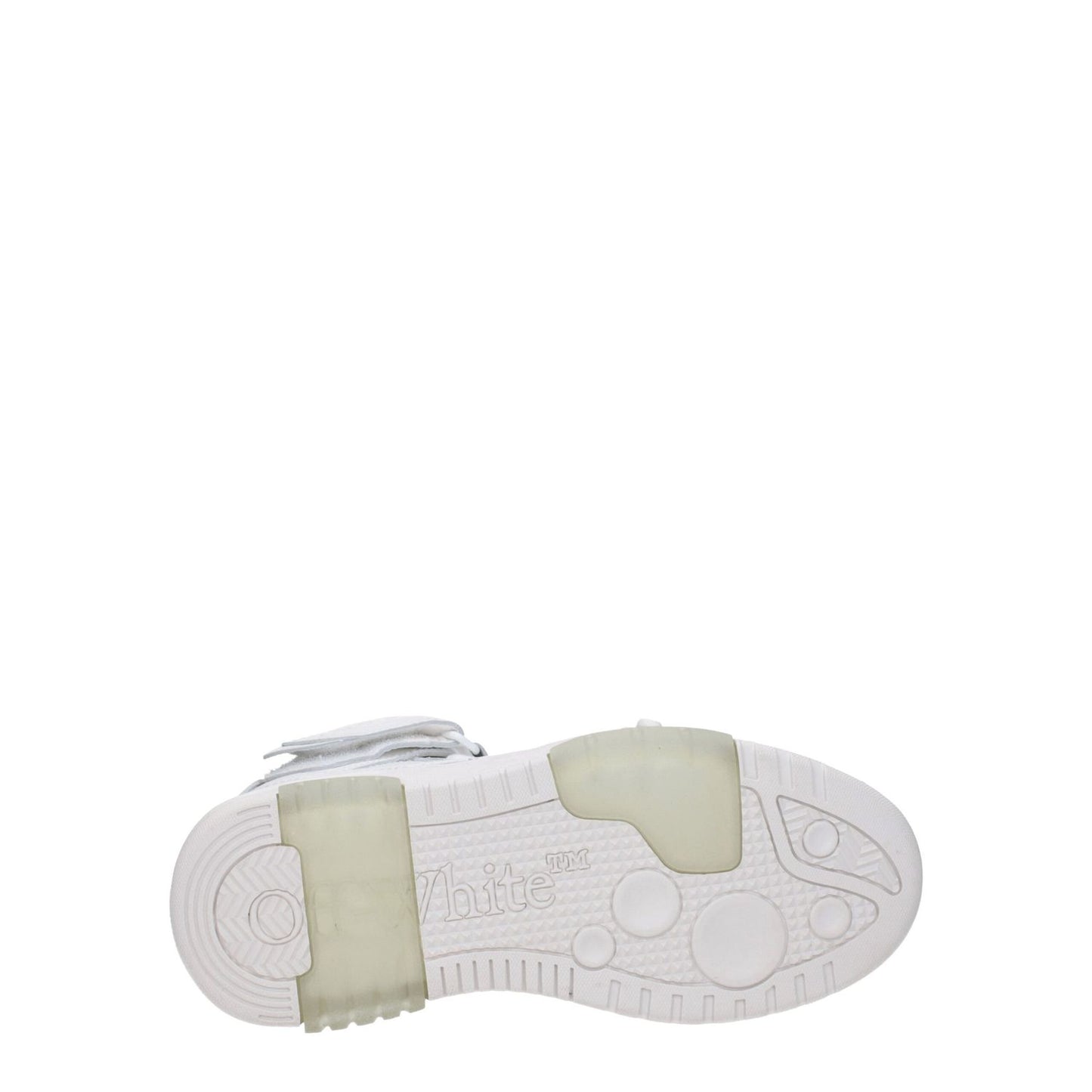 Sole view of Off-White White Leather High Top Sneakers with rubber sole and strap closure.