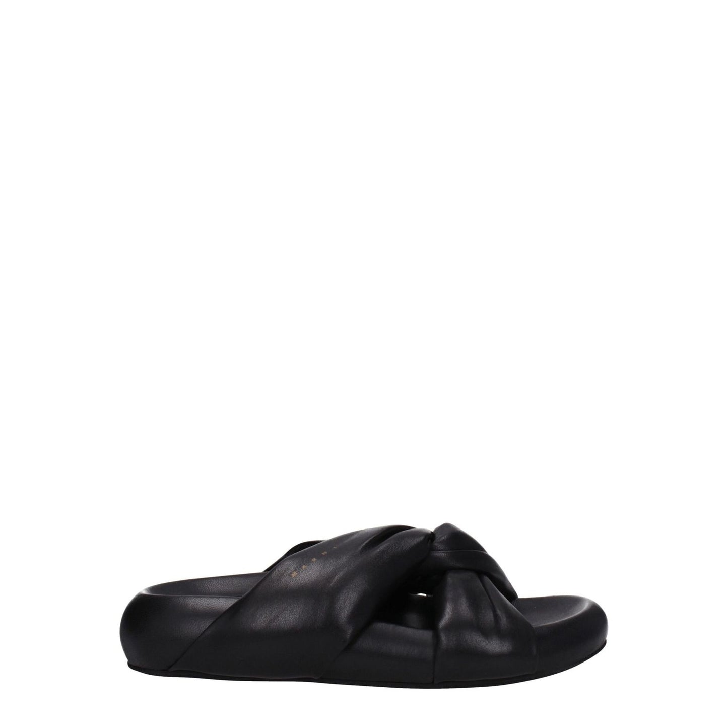 Marni Black Leather Slippers with open toe and mid heels, featuring a side logo, gold accents, rubber sole, and 4.5 cm heel height.