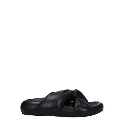 Marni Black Leather Slippers with open toe and mid heels, featuring a side logo, gold accents, rubber sole, and 4.5 cm heel height.