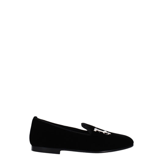 Palm Angels Black Velvet Slip-On Loafers with front logo, leather sole, round toe, low flat heel, casual style.